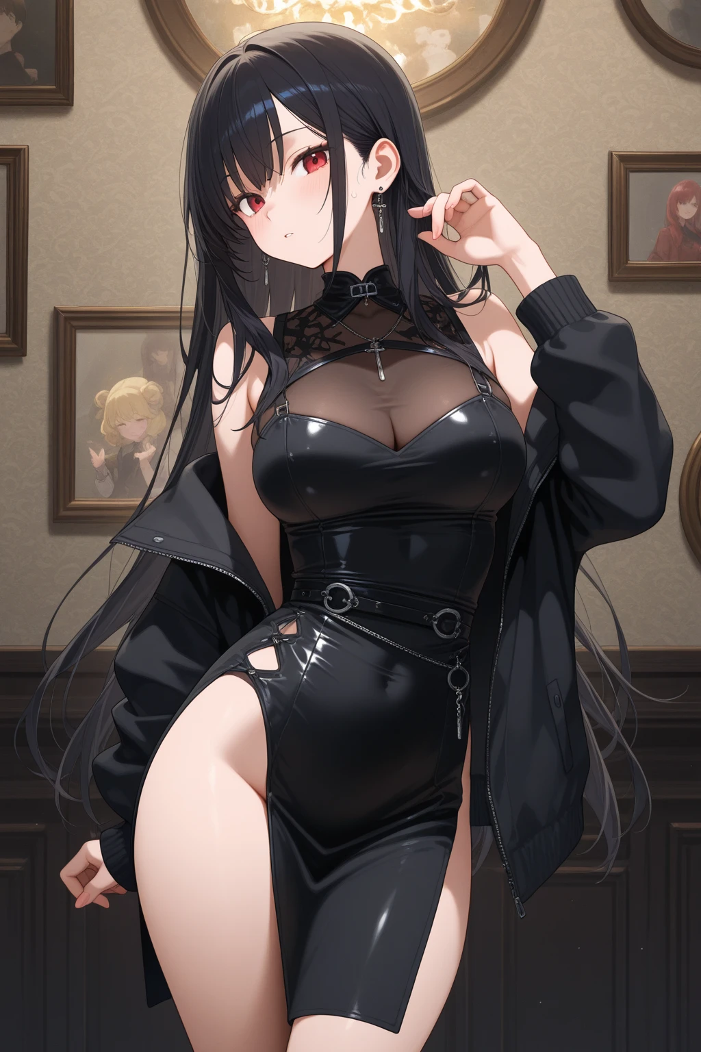 (best quality, ultra-detailed, masterpiece:1.2), woman with wolf ears and a wolf tail, seductive, dominant, mature woman wearing shiny latex clothes, revealing latex corset, posing seductively, NSFW, stripper-like attire, dungeon, dominatrix, evil smirk, sadistic, black hair, wide hips, big breasts, mommy body, milf, thick thighs, plump, old lady,