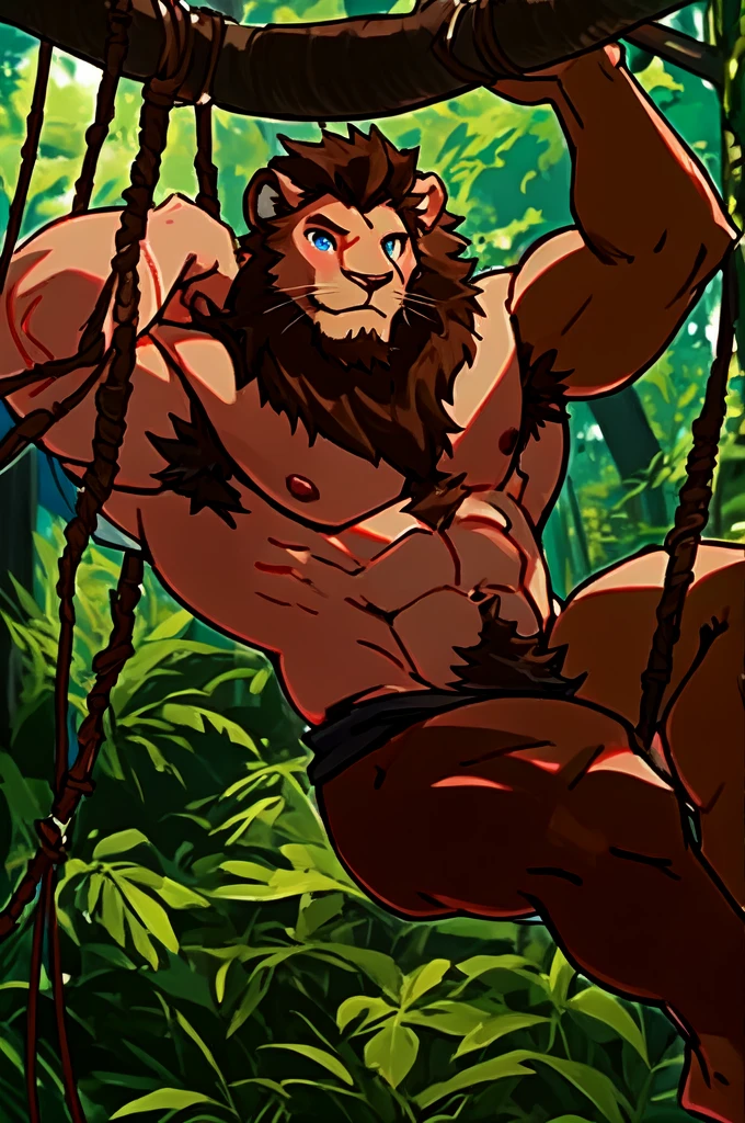 A male lion, buff, brown hairy mane, brown hairy chest, brown hairy armpits, brown hairy genitalia, downward penis, testicle, tail, bare feet, swinging cock, blue eyes, holding a rainbow flag, hd 8k