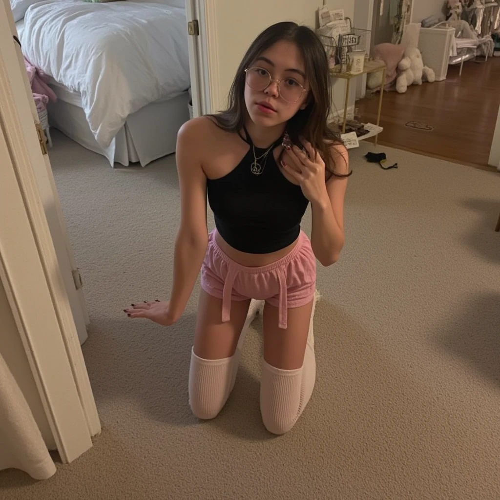Absurd resolution, high resolution, (masterpiece: 1.4), hyper-detail, cute Asian babe, 18yo, wearing a cropped tshirt and a black thong, pink dog collar, sneakers, squatting in front of mirror selfie, fertile body, ahegao, tongue out. Her T-shirt has the word DADDY