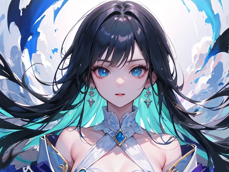 masterpiece, top quality, super detailed, high resolution, (ink painting style), excellent anatomy, beautiful 1 woman, water princess, Gensim Impact style, (upper body:1.2), best light, best shadow, mysterious, perfect face, highly detailed,