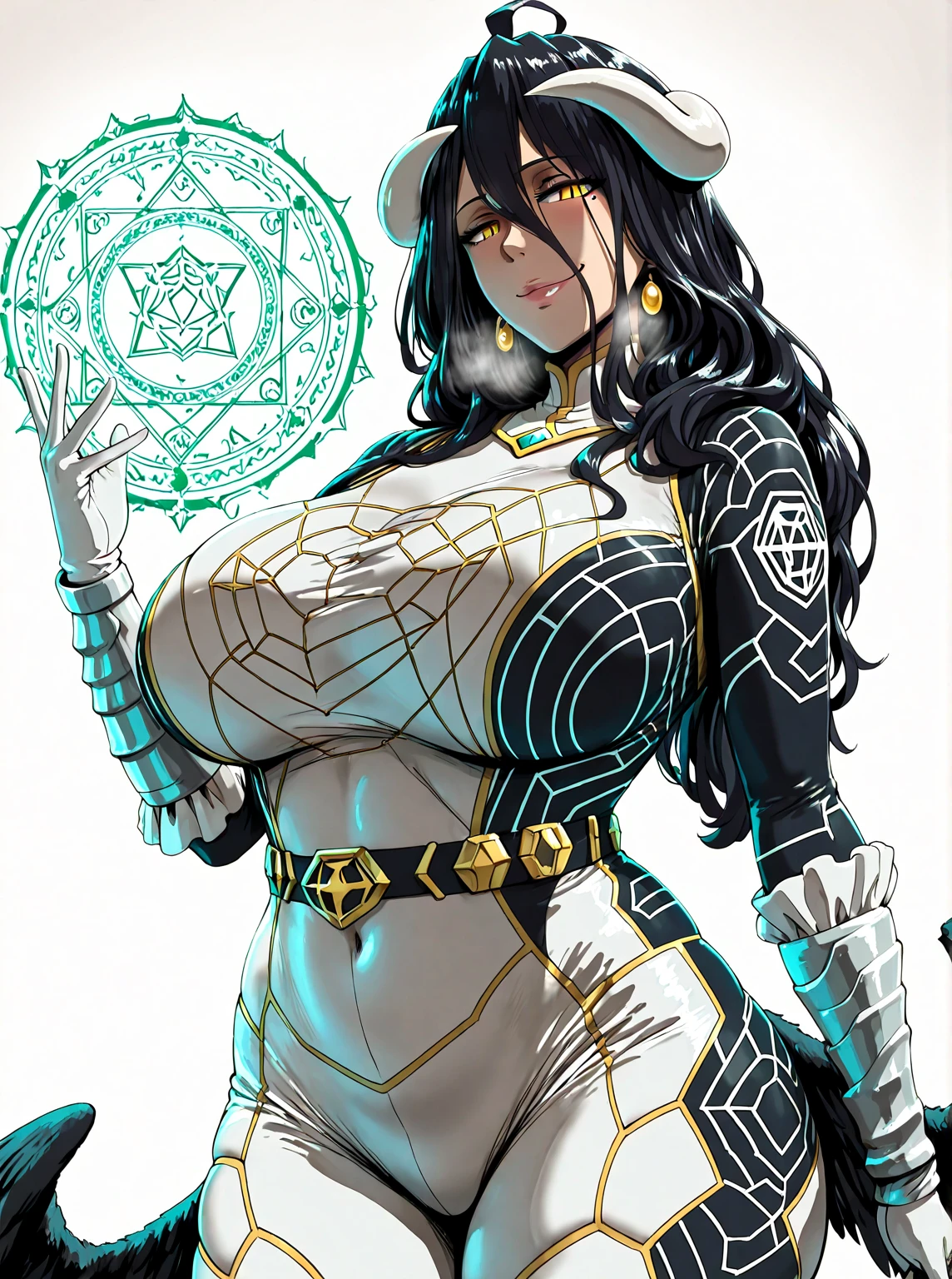 depicts a modern-day witch who has embraced the world of cybernetics to enhance her magical abilities. The artwork should convey the enchanting blend of traditional witchcraft and futuristic technology. Here are some specific elements to include: The Witch's Lair: The setting should be a cozy yet slightly eerie room, filled with magical books, crystal balls, potion ingredients, and antique furnishings. The room should be dimly lit by candles and a soft, mystical glow emanating from her cybernetic enhancements. The Cyborg Witch: The central focus of the artwork is the witch herself. She's a striking figure with a mix of traditional witch attire and cybernetic enhancements. Her clothing should have a witchy, occult aesthetic, with flowing robes, a pointed hat, and an intricate pentagram necklace. Her arms, however, have been upgraded with cybernetic components that incorporate magical symbols and glowing runes. Magical Interface: The witch is in the midst of casting a spell, with a holographic, touch-screen interface floating before her. This interface includes spell incantations, arcane symbols, and digital components, demonstrating her fusion of magic and technology. Spell Ingredients: On a nearby table, there should be a collection of spell ingredients, like herbs, potions, and magical artifacts. Some of these items may have been modified with cybernetic enhancements, blurring the line between the natural and the technological. Familiar: The witch's familiar, perhaps a cat or raven, should be present in the scene, serving as her magical companion. The familiar could also have subtle cybernetic enhancements or glowing eyes. Glowing Runes: The room should be adorned with ancient symbols and glowing runes on the walls and floor, contributing to the magical atmosphere. Aetherial Lighting: Use a combination of mystical, ethereal lighting and cybernetic glows to create a captivating interplay of light and shadow. The contrast between the tradit