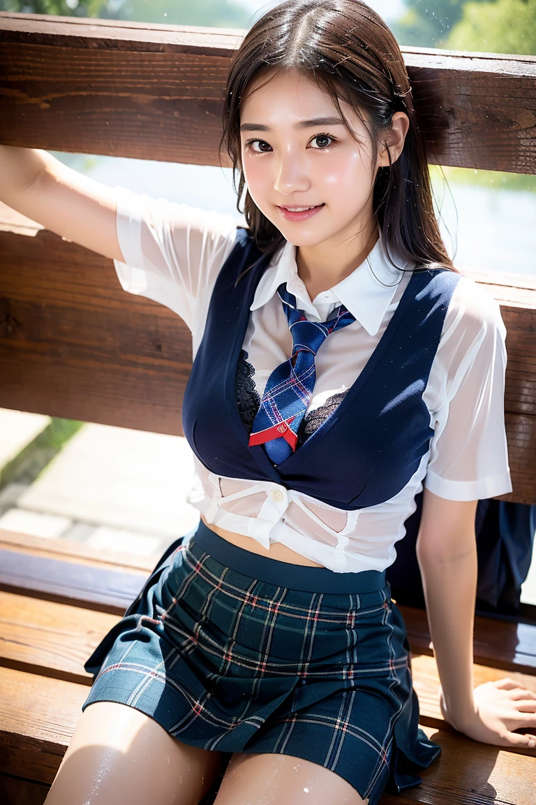 Pure Japanese school girl, no makeup, thick eyebrows, wearing uniforms, natural hair style, pure smile, natural body, shiny white skin, refreshing in early summer morning sunlight, feeling soft breeze in hair, sitting and relaxing, lift up skirt, (panty), sexual temptation, sexual attractive, professional portrait photography, composition from the front,
