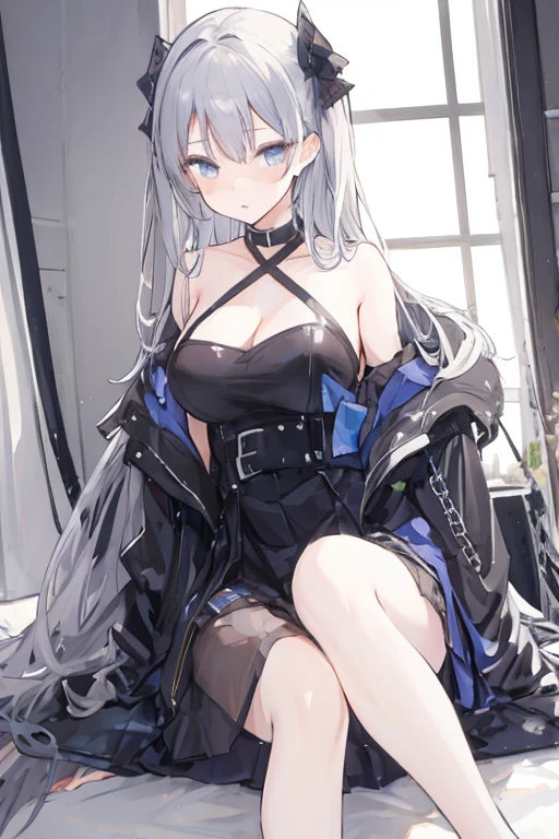 (((Highest quality、first class、masterpiece、Normal body、8k、Detailed face、Ultra-precision、normal hand、Normal refer to、5refer to、Highest)))、Eternal Frail、Silver Hair、Long Hair、???、clear、pure、A blue suit that reveals a cleavage、Navy blue shorts、"SD Gundam G Generation"、Shot down、Defeated、Captured、Taken prisoner、Handcuffed、Detained、Chained by a collar、lock restraint、Jail、prison、Frightened、fear、blush、Interrogation、torture、Restraint Chair、Hands and feet tied to a chair、Clothes were torn