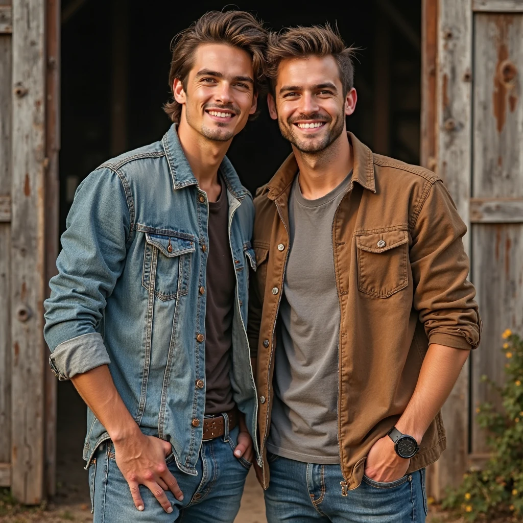 4 sexy cowboy men shirtless on a farm some shirtless and another wearing a striped shirt and a young gay man with them shirtless touching one's chest seducing him