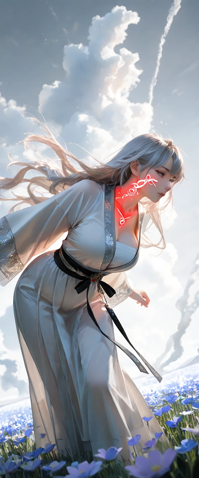 (masterpiece, top quality, 1 female, solo, exquisite details, chromatic aberration), (realistic), (skin), ((breathing)), (silver hair, blunt bangs, short cut straight long hair, short cut bangs, silver hair), beautiful hair, red headdress, blue highlights, hair on one eye, purple eyes, thick lips, earrings, piercing eyes, ((pink and white kimono)), ((symmetrical eyes)), ((perfectly symmetrical body)), ((perfectly symmetrical hands)), (purerosface_v1:0.3), night, (((self, natural light))), light top-up, bright glamorous lighting, front of viewer, ((center shot, from the front, (face and waist))), mystical atmosphere, fortune teller in kimono, beautiful fortune teller, fortune teller, dark fantasy female fortune teller, female fortune teller, fantasy photography, magician, witch fairy tale, japanese style, elegant cinematic fantasy art, fantasy woman, portrait of magician, casting a spell, fortune teller, not so sexy kimono, A powerful wizard stands in a mysterious forest. With flowing robes adorned with symbols, outstretched arms, eyes glowing with mystical energy, spells leaking from his mouth, vibrant swirling patterns of black magic pulsating in hues of red and blue appear in the air. Magic permeates, flowers bloom, and sacred creatures gaze in awe. Threads of magical energy dance, revealing hidden realms and unravelling secrets. Capture the essence of this enchanting moment and bring to life the mysterious power of black magic on a canvas of the highest quality and finest detail. Top Quality, Masterpiece, Ultra High Resolution, (Photorealistic: 1.4), RAW Photo, Sharp Focus, High Resolution, Detailed Skin, .