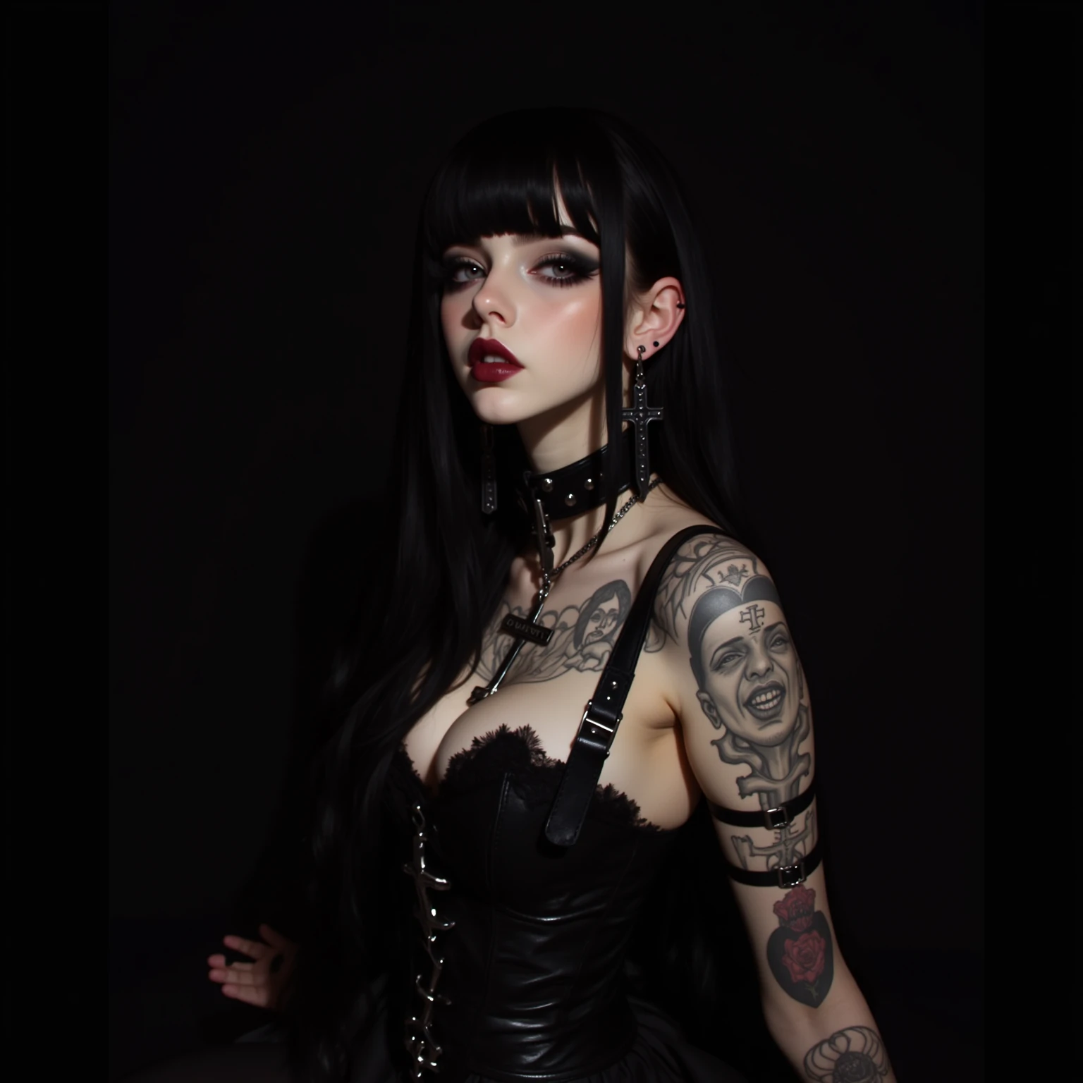A gothic girl dressing punk Blouse and Black skirt, Punk style spiked black choker, RAW photo, a close up portrait photo of 20 y.o woman in wastelander clothes, blackhair, t, pale skin, slim body, background is city ruins, (high detailed skin:1.2), 8k uhd, dslr, soft lighting, high quality, film grain, Fujifilm XT3, his right hand touching her Mouth.
, very detailed face, very detailed skin, very realistic, very detailed skin, very detailed tattoos