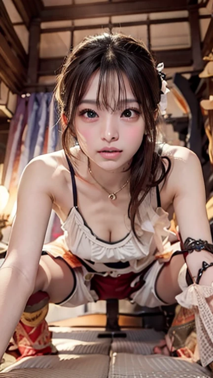 (small breasts:1.2), (perky chest:1.2), (pointed chest:1.2), (Pudding cake magazine cover:1.3),(from below:1.2),(shoot from the side:1.1),masterpiece, 1girl, Amazing Cleavage:1.1, thin waist, optimum,tmasterpiece,hight resolution,best qualtiy,hyper HD,super detailing,awardwinning,a 18yo cute girl,(The upper part of the body),anatomy correct,Beautiful Black miniskirt,garters,Gaze,Small face,bangss,holster,Beautuful Women,hands up,leg holster,Gaze,black boots,Cowboy Shot,cute face,a blond,Longhaire,Twin-tailed,Braids, Hairline,（scarlet eyes）,long eyelasher,Hanging eye corners,White skin of the, ((see through camisole:1.1)), ((Sheer nipples:1.0)),Rocket Tits,(Slim body),smile,seductive weak smiling,(with sparkling eyes and a contagious smile),little open mouth, Looking at Viewer, 