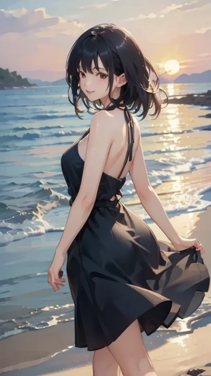 Highest quality、Realistic、girl、zoom、cute、Dark green eyes、Black Hair、Back to all、the forehead is protruding、Blue dress、Ocean、Looking down、Big smile、Dark Skin、Large Breasts、Bust Shot、slender