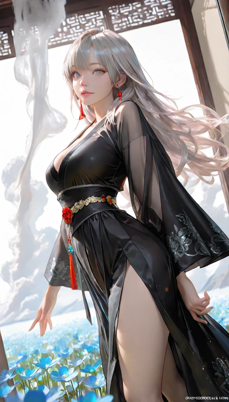 masterpiece, best quality, photorealistic, solo, perfect slim fit body, nice breasts, long wavy hair, hair ornaments, pendant, an alien empress, regal outfit with otherwordly decorations, royalty, complex castle interior from an alien planet, mixture of alien traditional and modern motif, grand scenery, cinematic, epic, elaborate details, spectacular, standing pose, vibrant