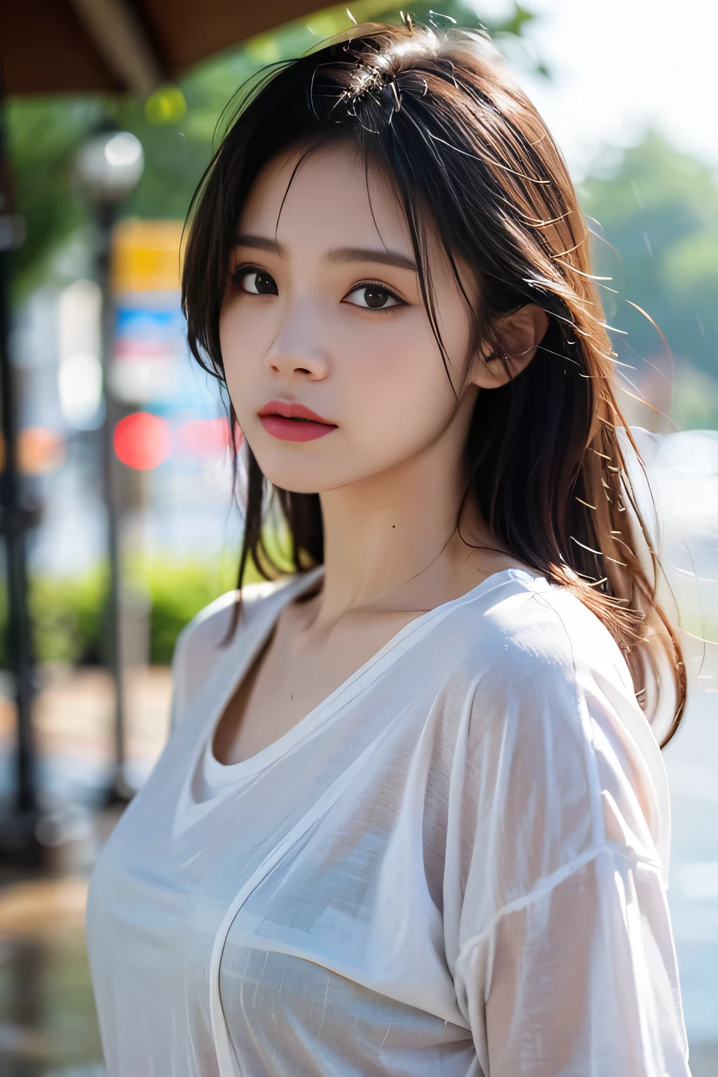 (((Upper body shot,Close-up photo)))、(((long hair,Bun hairstyle)))、(((Rainy Day,get wet)))、(((White summer chiffon shirt,get wet雪紡衫)))、18 years old、angry、girl、Plump breasts、Point on chest、Penetrating breasts、Showing nipples、Ultra-realistic faces、High resolution 16K、Use natural light and color、 High-quality photos taken by model agencies.