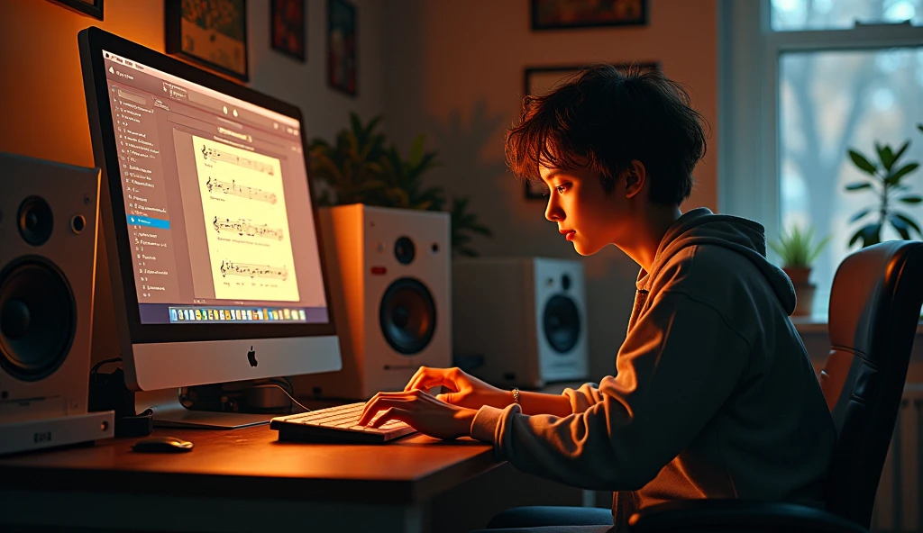 A short-haired IT expert wearing a black t-shirt is working in his room and there are three laptops on his desk., a cup of coffee, and vape. And beside him there was a five year old fat baby boy., short hair playing guitar. Real-like photo results.