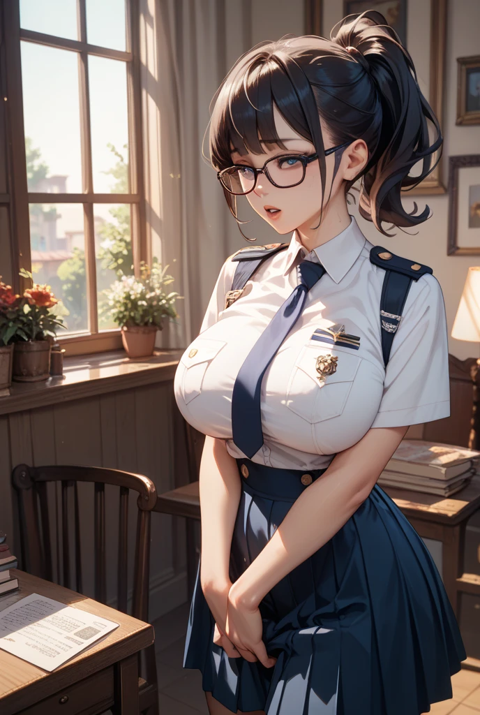 Highest quality、High resolution、Detailed Background、(Beautiful face in every detail:1.4)、Anatomically correct、Teenage beauty、(Huge breasts:1.3)、(Detailed facial expressions)、Brown Hair、Black Hair、ponytail、Bobcut、cute hairstyle、Glasses、Perfect body line、
(Sleeveless JK uniform、Pleated mini skirt、White Stockings)、classroom、Accentuate your breasts、Cute gestures、Cowboy Shot、(underboob:1.2)、(Raise your arms to show your sides)、A big smile、smile、cute、Panty Shot、
(The button on her uniform blouse has broken and her breasts are spilling out:1.5)、(Girl sitting at desk、View from below:1.5)