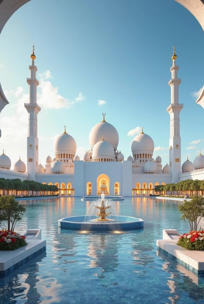 aerial view, Sheikh Zayed Grand Mosque, majestic architecture, intricate details, golden domes, tall minarets, symmetrical design, marble floors, beautiful courtyard, ornate chandeliers, tranquil atmosphere, serene reflection pool, grand entrance, luxurious carpets, peaceful prayers, traditional calligraphy, Islamic art, cultural heritage, stunning photography, vibrant colors, artistic lighting, spiritual ambience, towering pillars, arched doorways, prayer halls, intricate mosaics, intricate carvings, intricate patterns, beautiful symmetry, peaceful worship, iconic landmark, timeless elegance, divine inspiration, architectural masterpiece, religious sanctuary, enchanting beauty, tranquil gardens, cultural icon, spiritual journey, grandeur and opulence, rich history. (best quality, 4k, highres:1.2), ultra-detailed, realistic, vivid colors, professional lighting. The mini board saying "AI HAZRIN RYNN"
