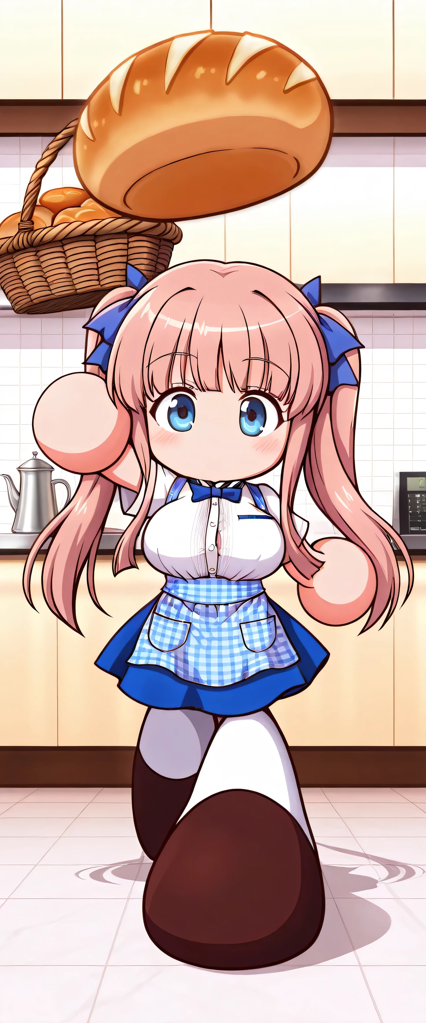 (beautiful girl: 1.3),masterpiece,Please redeem,Ultra-high resolution,Rich contrast,Very high quality,8k,Highly detailed CG unit wallpaper,Texture,So ridiculous,RAW Photos,Please redeem anime,Depth of written boundary 1.2,nodoka_haramura, 1girl, pink hair, twintails, long hair, blue eyes, ribbon on twintails, huge breasts,crew, blue bow, blue bowtie, white shirt, short sleeves, blue skirt, blue apron, gingham apron, employee uniform, high-waist skirt, waitress,kobeya uniform,walking around with a basket full of freshly baked bread,pawapuro , chibi ,no mouth,full body,((blue ribbon))