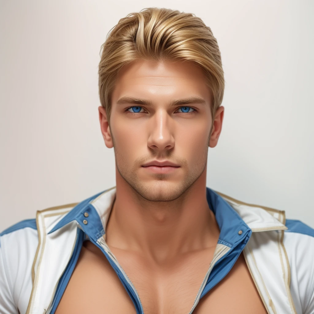 Caucasian man, thin nose, thin lips, blue eyes, blonde hair, deer horn on his head, jock putfit, young handsome face, best quality,masterpiece,Ultra high detail,A handsome muscular man, deer horn on his head, topless, black micro thong, with black cloth, black transparent cloth on his deer horn, realistic,Grey background,