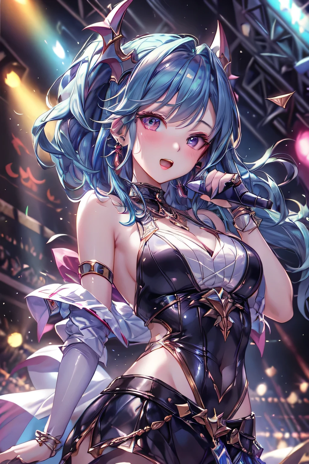 1 lady only, k-pop artist, korean singing idol, Twenty generations, cute girl, (Sing:1.2) (dynamic posing:1.2), (Colorful fashion icon outfits), beautiful mature women, (Long sliver hair gradient sky blue hair) (best quality:1.2), Exquisite illustrations, Super detailed, Large Breasts, (Hold the microphone) , one hand raised, Sing and dance, (large music stage) Indoors, Year-end music concert, Spotlights of various colors, audience, Ultra-high resolution, The best masterpiece, best quality, 8k Ultra HD, high detail, CG unity, C4D Rendering, 3D Rendering