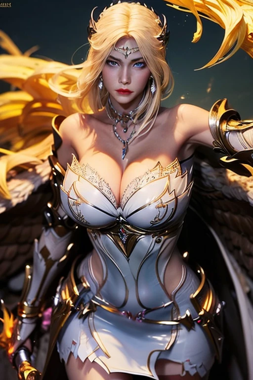 A dual perspective image of a goddess beautiful breasts, medium breasts ,exposed cleavage, with the left half showing the body of an angel with holy light and the eyes of a large winged angel ,The entire body is in sharp contrast, with a frontal view, 3D rendering, complex armor, fantasy game environment, and dramatic lighting
