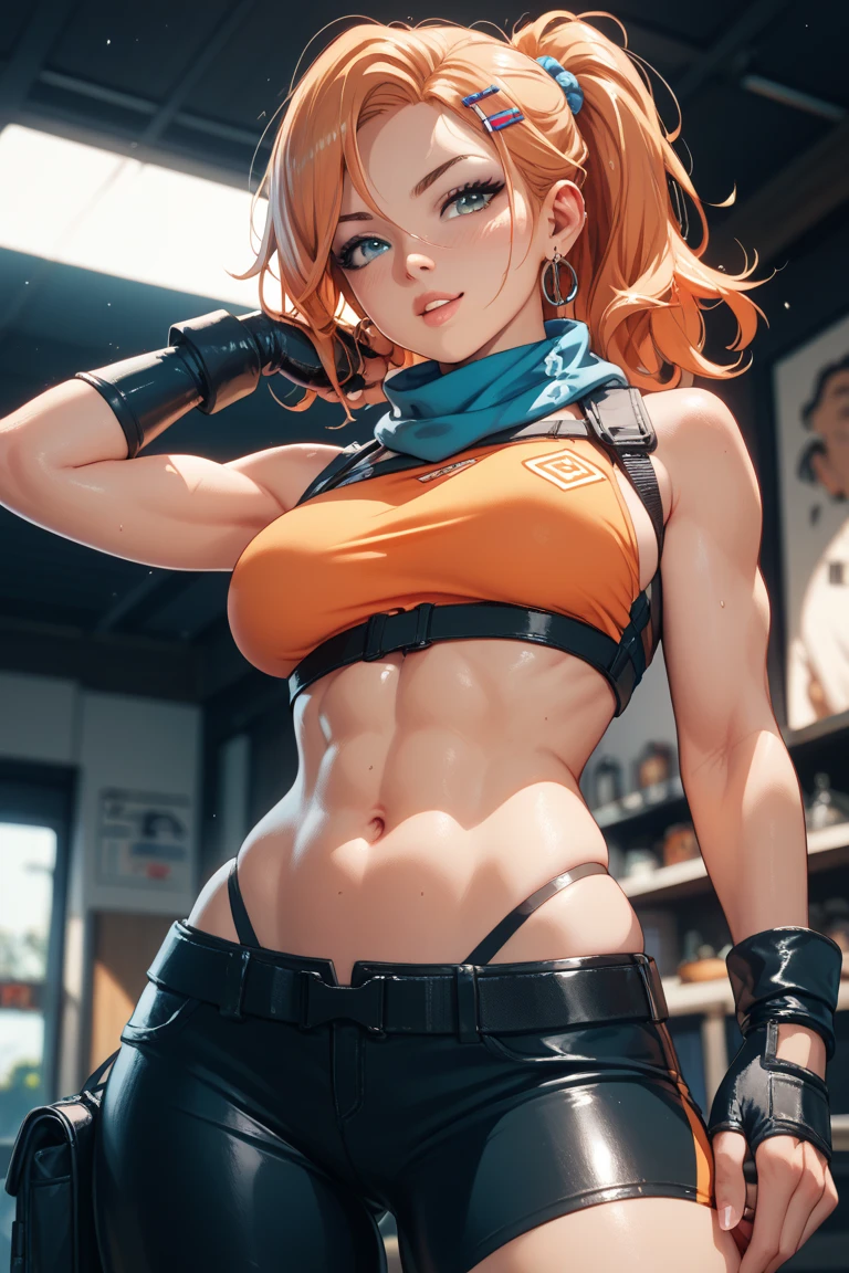 masterpiece, best quality, a professional erotic portrait photograph with vivid colors of a muscular colombian woman with undercut side-parted orange hair wearing streetwear cropped shirt and short shorts, showcasing underboob, sitting on a bench in a public park with wide spread legs, looking down at viewer, naughty smile, (from below)