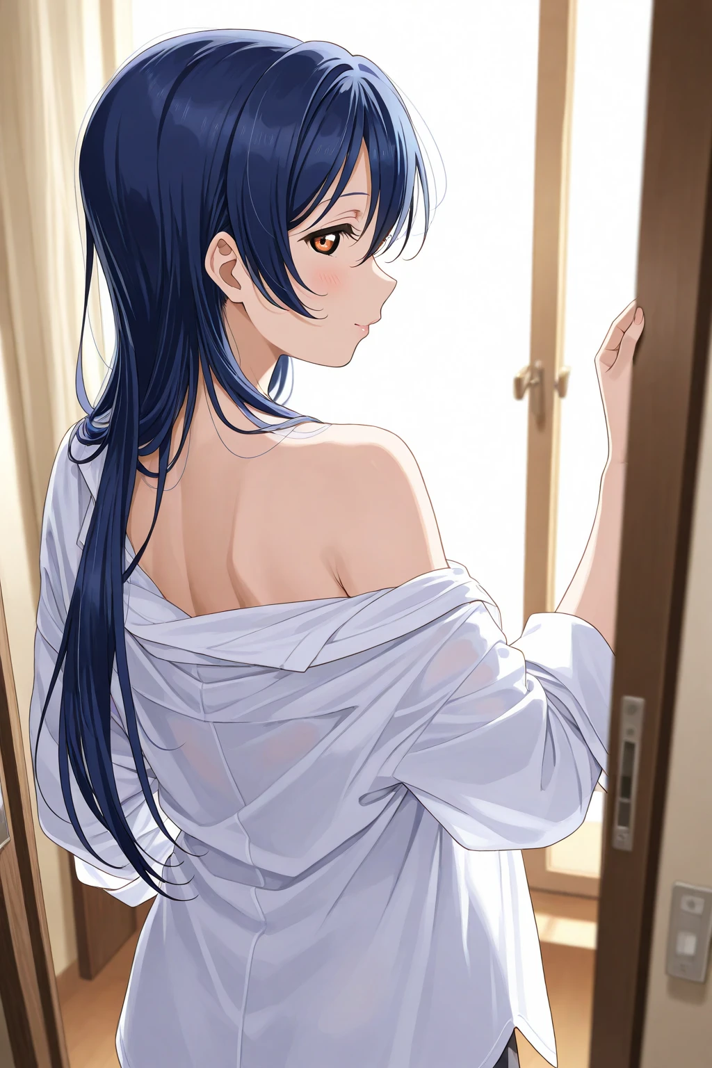 SNV2, 1girl, solo, blue eyes, wearing white off shoulder bath robe, naked bath robe, wet robe, sheer, blush, smile, back turned away from viewer, looking at viewer, perfect quality, good quality, masterpiece, HDR, UHD <lora:Saeko Nogami V2:0.8>