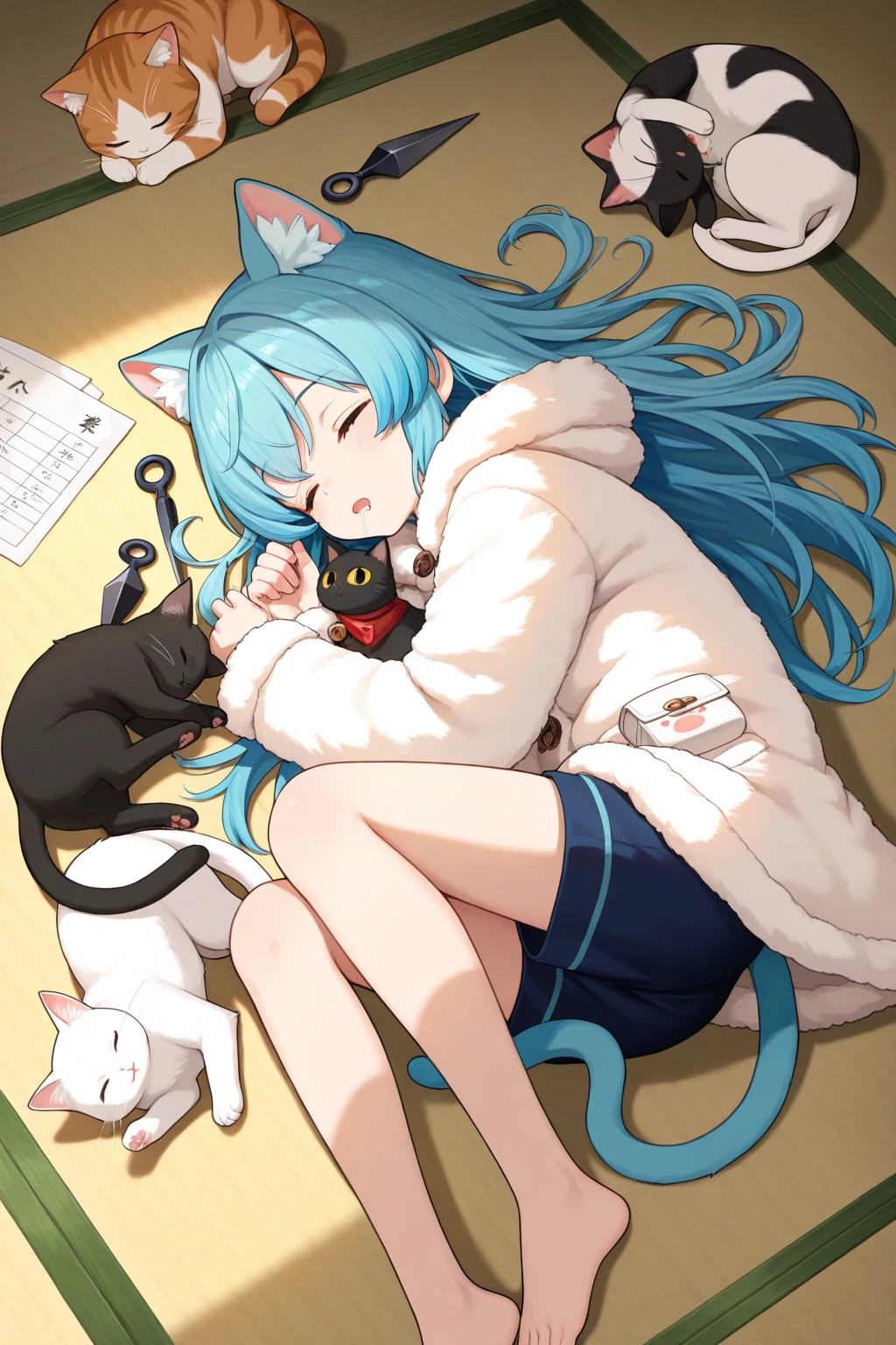 ((Best quality)), ((masterpiece)), (detailed), 1 anime from the edge, light blue hair, light blue eyes, lying in bed, white sweatshirt, lying on his stomach, looks at the camera, White background, perfect hands, cat&#39;s ears. stockings, long hair. perfect legs
