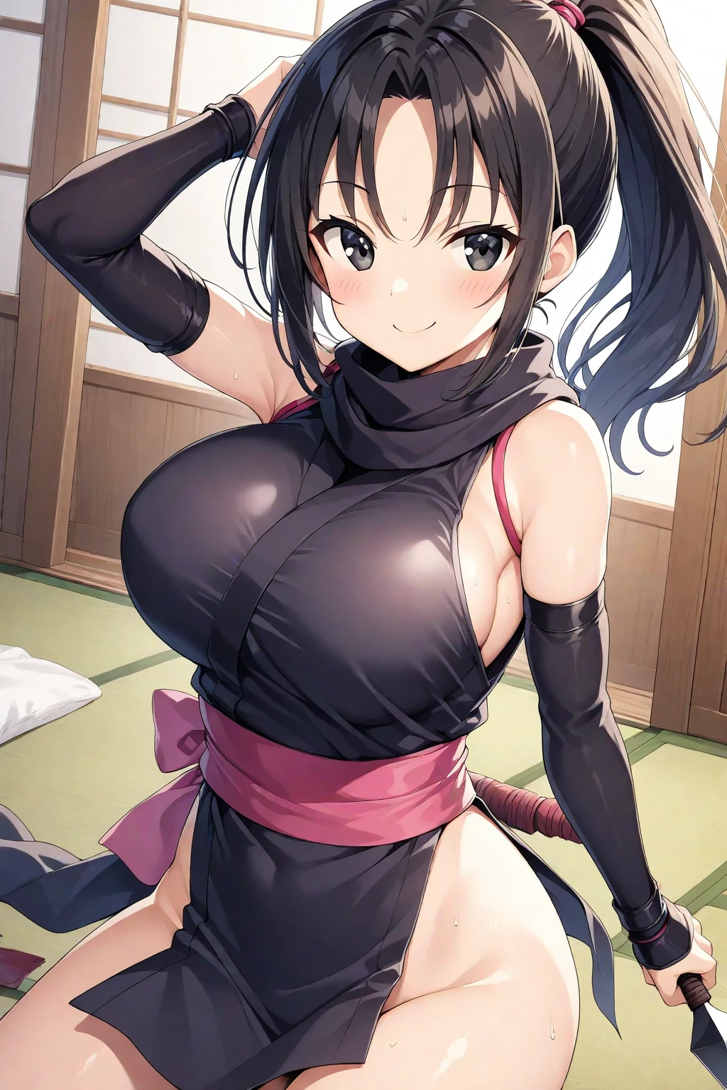 sheena fujibayashi, (masterpiece), (best quality), 1girl, (ass focus:1.1), strong legs, japanese clothes, black leggins, (pivix), detailed mouth, detailed face, (detailed eyes:1.2), BREAK sexy pose, black hair, ponytail, choker, cleavage, small breasts, cowboy shot, bokeh, detailed background <lora:add_detail:1> <lora:Sheena_Fujibayashi:0.7>
