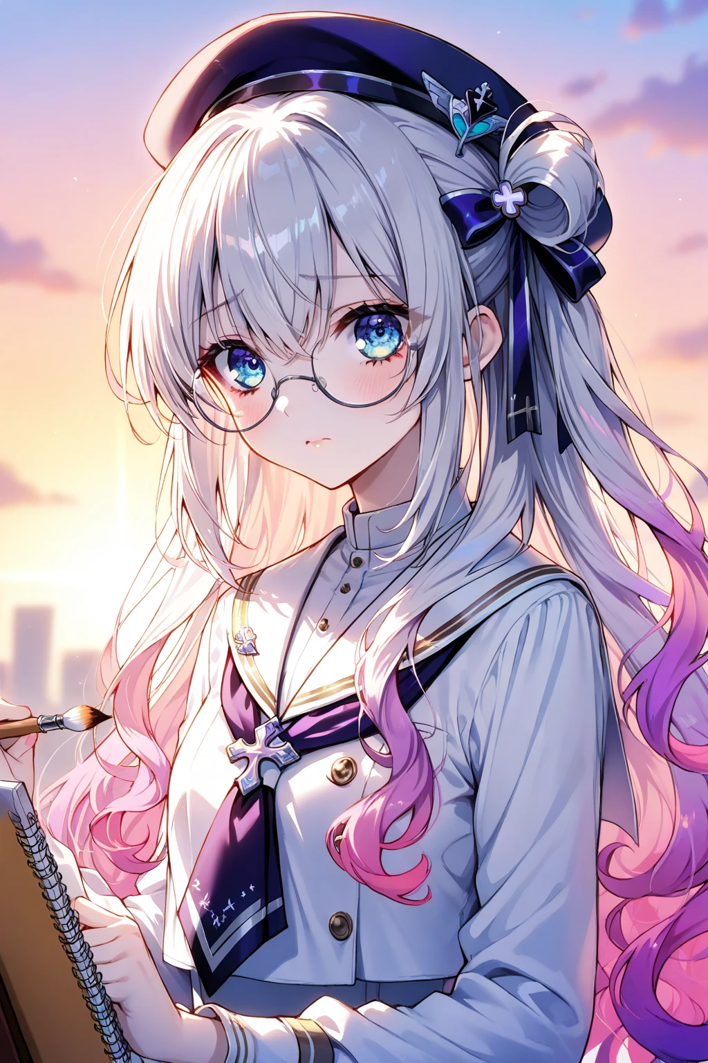 (rainbow colored hair, Glasses、colorful hair, half silver、half pink hair: 1.2), ,long hair、(Cinematic digital artwork: 1.3), high quality, table top, Turquoise eyes、最high qualityの, Super detailed, figure, [4K digital art]!!、 Kyoto animation style, one woman, clavicleの美しさ, clavicle, light, want, blue sky, positive, Dead leaves dance、full moon、See-through、（pink and yellow、Gothic Lolita)、scarlet polka dot unset, motivation, shine, dynamic perspective、青いGlasses、Green ribbon、twin tails、embarrassed face、cute face、happy face