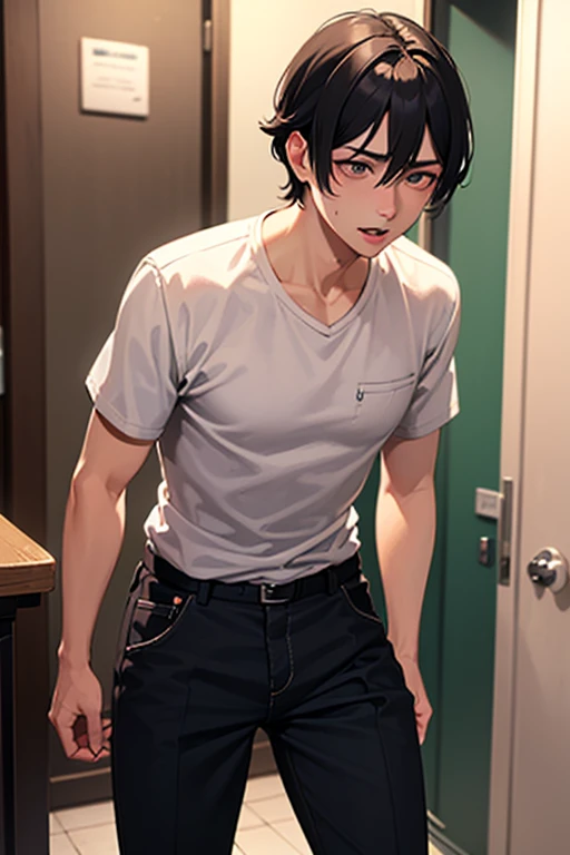 A man who is holding his chest and feeling insecure. Is in deep frustration.