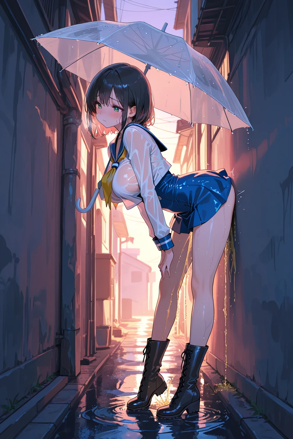 ((Accentuate your butt))、smile、((Holding an umbrella))、((It's raining))、Shibuya、squat、Black Hair、denim