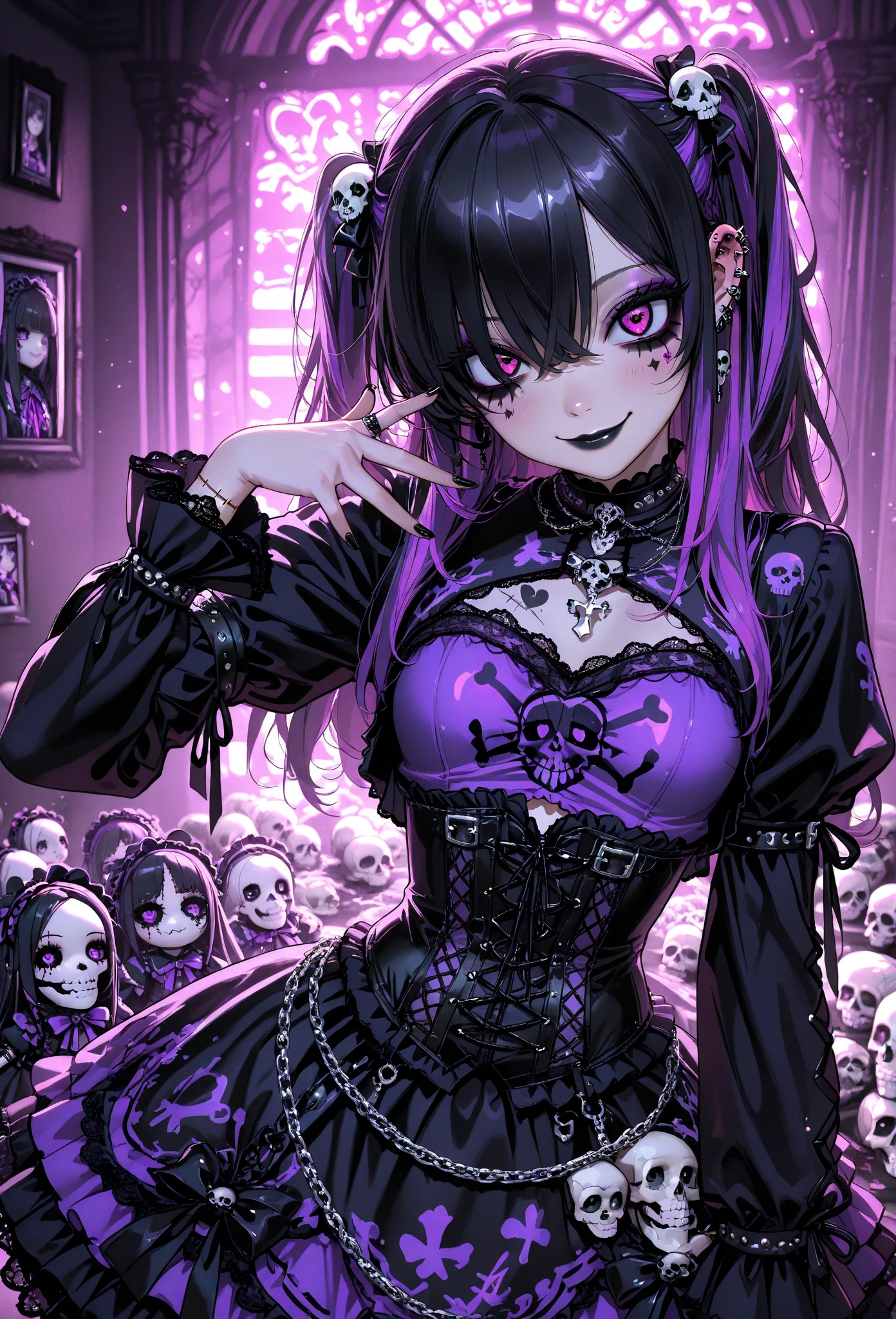 Black Hair、Black Feather、Gothic punk dress、Legs sticking out，Sit on a chair, Crossing your legs、Throne,anime zombie witch design, Crossbones, skull, Streetwear Design, Provector, Horror Style, Full Design, Only 6 colors, Solid Colors, No Shadow, Full Design, Stickers, Bright colors, White Background.Ultra-fine illustrations,(((Beautiful fine hair))),(((Beautiful Faces))),(((Beautiful background))),(((Beautiful fine hair))),(((Beautiful Faces))),(((Beautiful background)))、Black Hair、Blunt bangs，Undershot（（Right hand white eye，Left eye purple）），Otto Eyes
