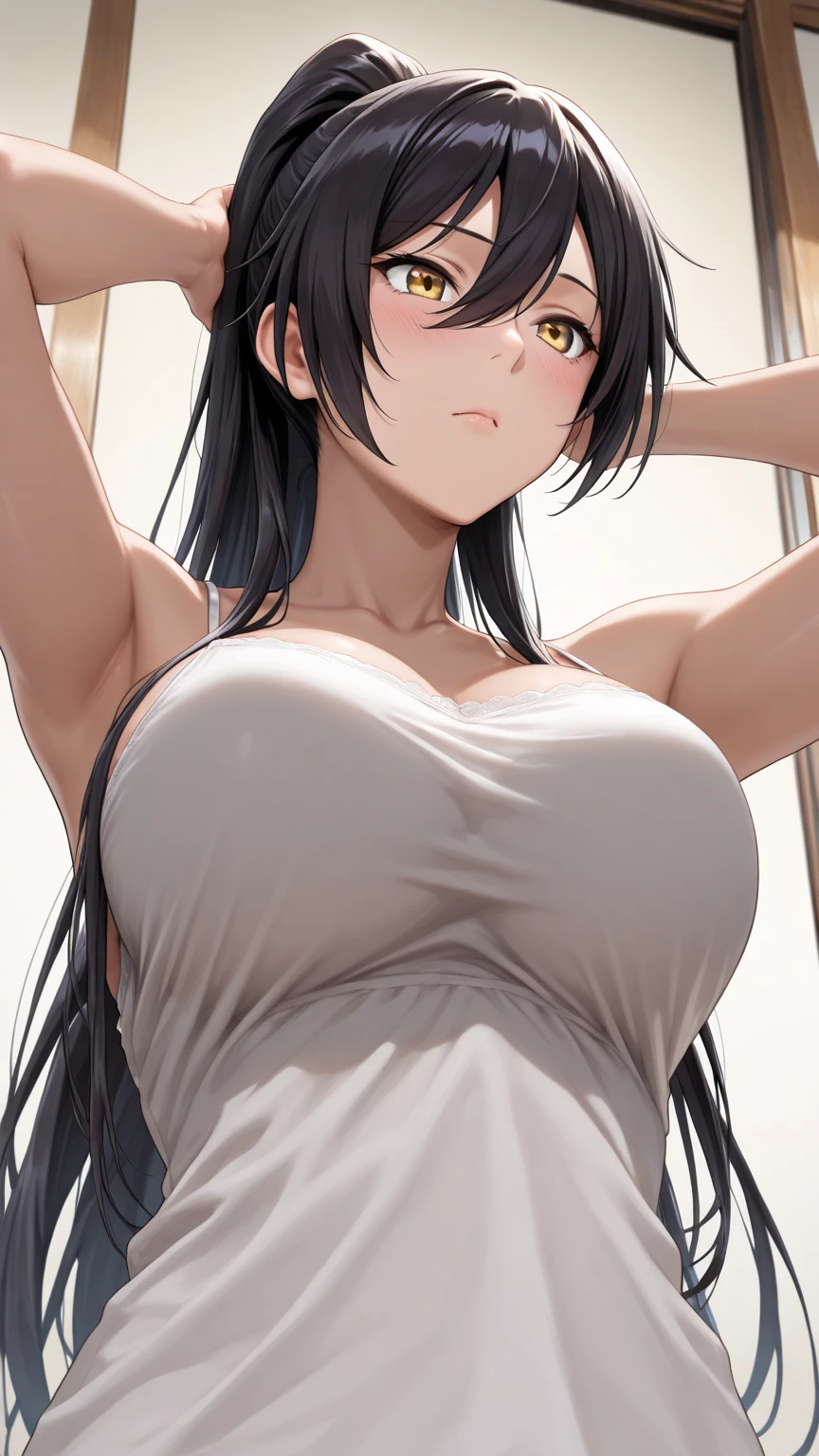 (upper body:1.4),(masterpiece:1.3),Portraiture, Realistic, (Brown eyes:1.3), (Black Hair:1.3),(Long Straight Hair:1.3),(18-year-old:1.3),(Big Breasts:1.3),(White underwear:1.4),Beautiful breasts,Beautiful underwear,Beautiful Hair,Beautiful Face,8K resolution, High quality CG, Beautiful CG,(slim:1.3),Soft Light,(arms behind back:1.4),( smile:1.3),(focus face:1.4),Ultra-high resolution,Highly detailed CG Unity 8k wallpaper,(Aesthetic Anime Eyes),(White underwear:1.4),
