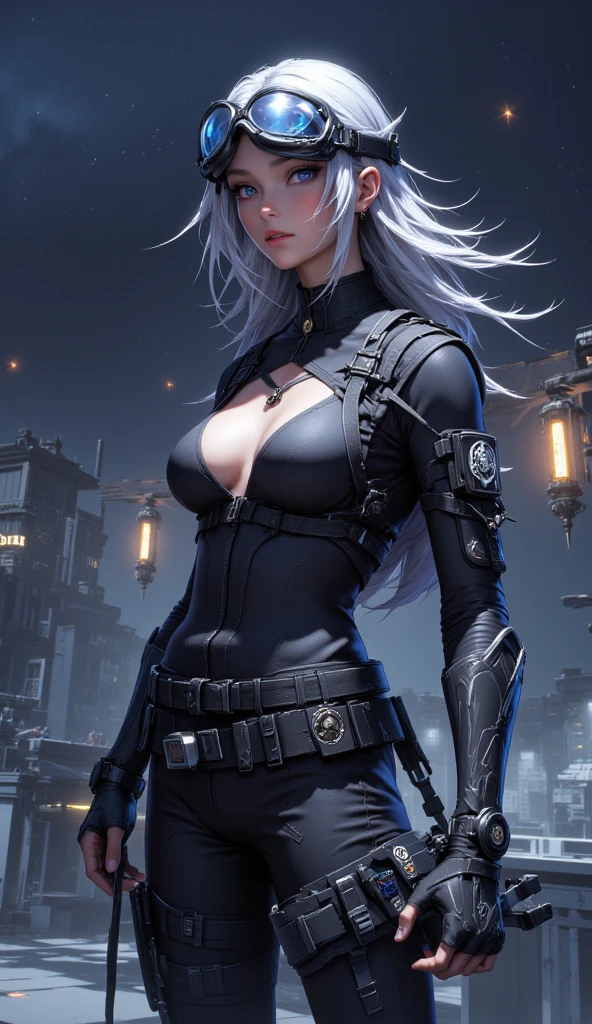 Highest quality、8kの傑作、超A high resolution、(Photorealistic:1.3)、Raw photo、1 girl、Silvery white hair、Glowing Skin、1. Cyberpunk Super Handsome Soldier、((Ultra-Realistic Details))、Portrait、Global Illumination、Shadow、Octane Rendering、8k、Super sharp、Beautiful breasts、Bare skin exposed in the cleavage、Metal、Cold colors、、Very intricate detail、Realistic Light、CG Association Trends、Beautiful Eyes、Shining Eyes、To the camera、Neon Details、