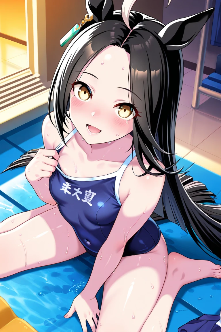 masterpiece,best quality,ultra detailed, nsfw, 1girl, おっぱい, pussy focus, aroused, naked, Lots of love juice, Pussy, Spread legs, one-piece swimsuit, see through one-piece swimsuit, BLACK_HAIR, BANGS, LONG_HAIR, HAIR_ORNAMENT, BLUNT_BANGS, BLUSH, GREEN_EYES, SMILE, HAIRCLIP, AQUA_EYES,embarrassed