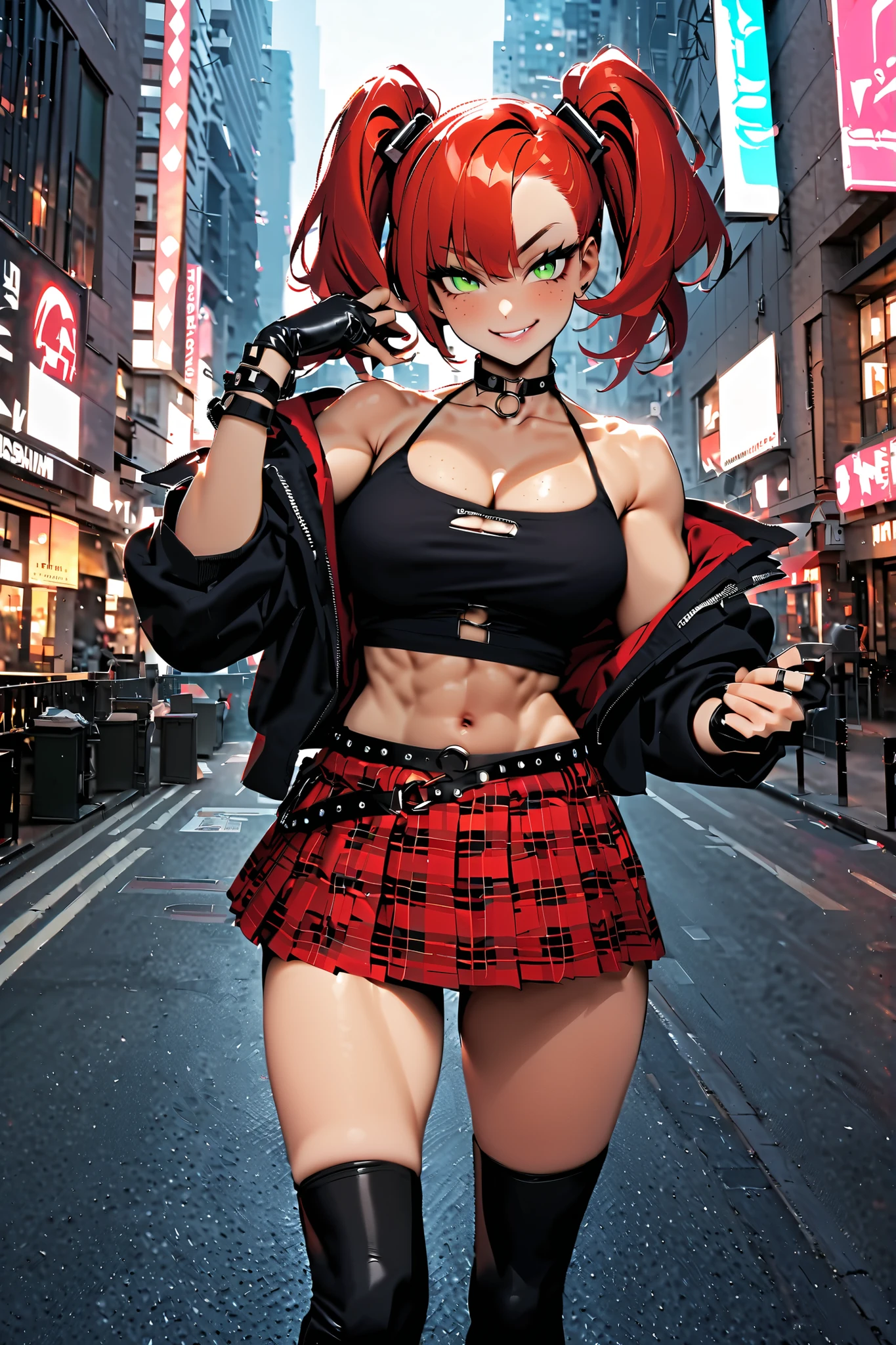 woman, curly red hair in pig tails, green eyes, wearing crop top black shirt, long black jacket, red plaid skirt, (black knee high boots), black fingerless gloves, exposed shoulders, large breasts, thick thighs, freckles, cleavage, abs, looking at viewer, masterpiece, best quality, an14, Holo-Punk Style, in the city