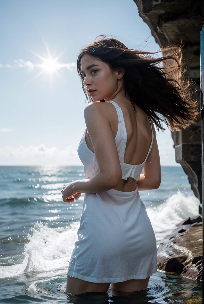 photo from a lower angle, a beautiful girl in a miniskirt stands on the edge of a cliff, the wind lifted her skirt, her white panties are visible, fashionable, sexy
