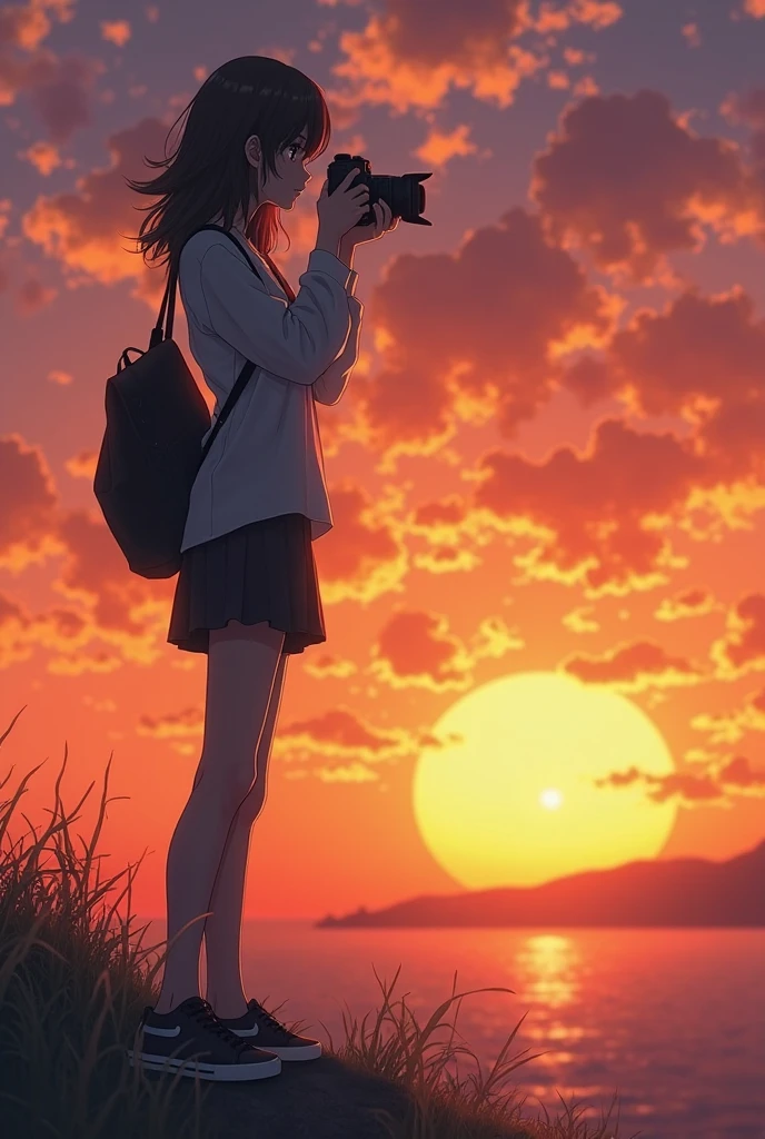 There was a man standing on a hill with a camera, With sunset, at a beautiful sunset, at the sunset, with a sunset, In the sunset, late sunset, At sunrise, Sunset photo, watching the sunset, phot, photographers, Photographic capture, girl watching sunset, But as a real-life photo, very accurate photo, Photography ) --auto