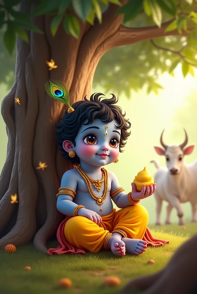 (photorealism:1.2), "A divine and serene depiction of Lord Krishna as a young child, around 3 to . He has a radiant, dark blue complexion, symbolizing his godly nature. Krishna is adorned with traditional jewelry, including gold anklets, bracelets, and a small necklace. He wears a simple yellow dhoti and a peacock feather crown, which is slightly tilted, adding a playful charm. Krishna is sitting under a large, ancient tree, surrounded by lush green grass and flowers. He holds a small, white butter pot in one hand and is about to eat some butter, with a mischievous smile on his face. His large, expressive eyes radiate innocence and joy. In the background, there are gentle cows grazing and ome beutiful pickock a few white lotus flowers floating in a nearby pond. The sky is a soft, warm orange, indicating either early morning or late evening."
