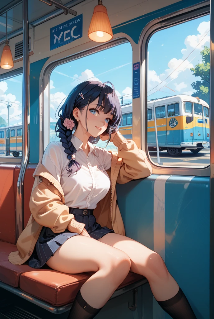 (1) sitting alone on a long train seat,Sit with your legs apart,Showing white panties, Composition from the front,Low Angle,
(2) I&#39;There is a JK, She is wearing a miniskirt uniform, Sailor suit and loose socks.,
(3) I have medium length brown hair,
(4) Provocative, smirking expression.,
(5) The location is a long seat on the Yamanote Line at night..,There are no other customers,The view outside the window is the night view of the city.