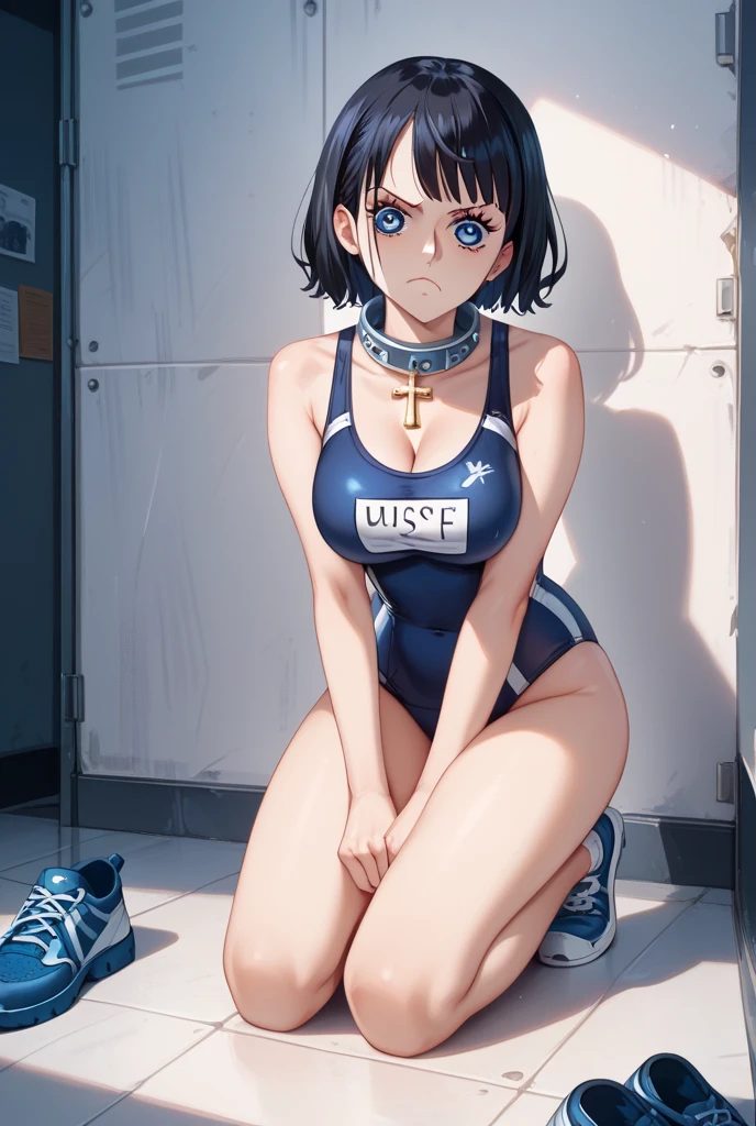 NSFW,Aarinko、short hair、Black Hair、Bobcut、Swimsuit,High leg,Embarrassed,blush,(Perfect hands),(Perfect Anatomy),(masterpiece),(highest quality),Looking up,Lonely look,School,locker room,looking at the camera,Look Up