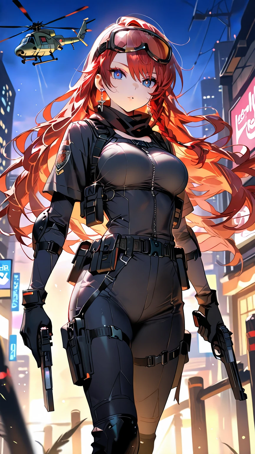 Masterpiece, best quality, sexy beautiful  woman, red hair with a bun, green beautiful eyes, in a stalker costume, looking for supplies in a dead and abandoned city
