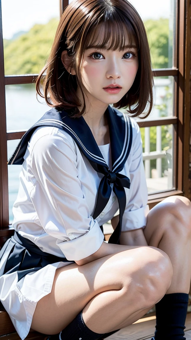 (chiayi:1.5), close-up, masterpiece, best quality, raw photo, photorealistic, incredibly ridiculous, beautiful girl, cute, short hair, depth of field, high resolution, ultra detail, fine detail, very detailed, highly detailed eyes and face, sharp pupils, realistic pupils, sharp focus, cinematic lighting, school uniform, dark blue skirt, M-shaped open legs, white panties, Open crotch, open legs, emphasize crotch, big, chest that is about to burst, sitting, sitting open legs, M-shaped leg spread, sensual, embarrassed expression, brown hair, bright hair color, mansuji, mekosuji, panties digging into the crotch, panties digging into the crotch, neat face, sailor suit, red bow tie, 17 years old