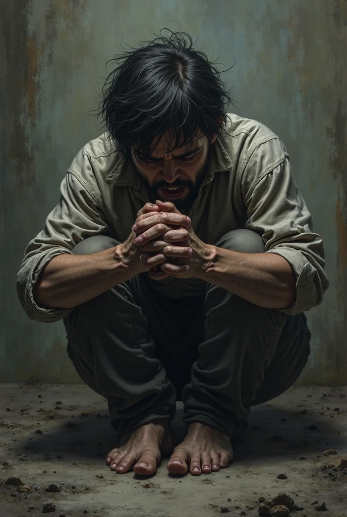 full body of a man kneeling his both knees on the ground crying while covering his face and his hands were full of wounds and blood and his clothes were old and dirty. he's barefoot and his feet are dirty and wounded and have blood
