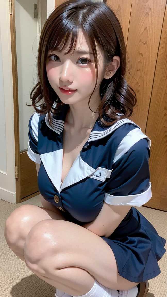((Best Quality, 8K, Masterpiece: 1.3)), 1girl, Slim Beauty: 1.3, (Hairstyle Casual, Big Breasts: 1.2), Colorful Sailor Suit: 1.1, JK Miniskirt, Super Fine Face, Fine Eyes, Double Eyelids, Smile, Focus, Hot Spring, Navel, Cleavage, Slim Figure