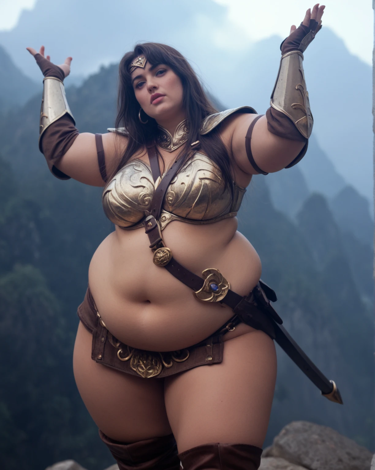 Foto RAW, (masterpiece), Original Character, (best quality:1.0), (ultra highres:1.0), portrait, 1 woman, fantasy movie character, adventure movie, detailed beautiful skin, breathtakingly beautiful, complex details , epic character, fantasy character Art, face focus, tomboy, very long hair, curvy, thick Belly, beautiful face, wallpaper 8k, beautiful woman, extremely gorgeous, stunning beauty, amazing details, perfect thick body, makeup, white sports bra, tight clothes, full body,(pele altamente detalhada: 1.2), 8k UHD, DSLR, soft-lighting, alta qualidade, grain of film, Fujifilm XT3