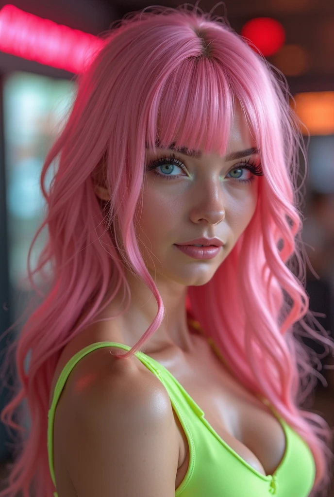 (photorealistic, natural light, fisheye, best quality:1.5), ((only one girl)), celeste, pinkish hair, full body clearly showing, fisheye, portrait photo, club