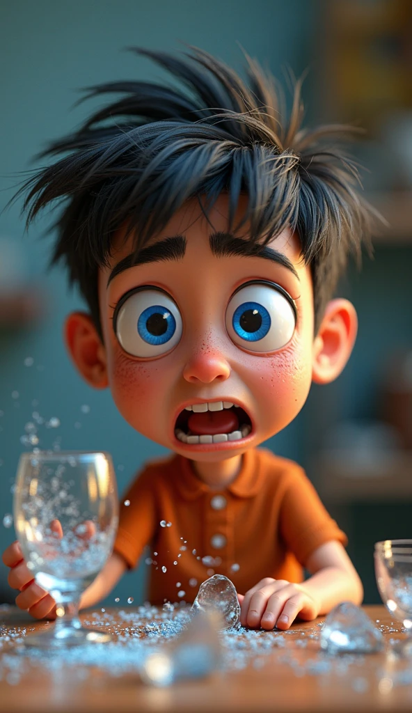 Scared boy boy holding a glass of water in 3d style 3d check out blue weather tessa