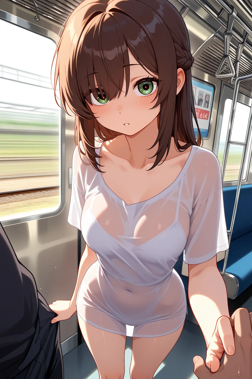 (NSFW:1.3), ((masterpiece)), ((highest quality)), (Super detailed), ((cute)), cute, (Lovely), ((sexy)), (device), ((very detailed)), 4K, (8K), highest quality, (beautiful), anime style, realistic, real, dynamic angle, ((1 girls, solo, cute girl)), ((office lady suits)), ((hyper cute face)), beautiful light brown hair, beautiful black eyes, ((beautiful eyes)), large breasts, embarrassing, blush, ,holding on to the railing of the train,armpits, (presenting armpit:1.3),(looking away:1.4), (train interior:1.3),(crowded train:1.3),
upper body,(white shirts:1.5),
,alternate breast size, breast grab, (a boy,grabbing from behind:1.5)
,(frown:1.2),sweat,smile、Nipples are visible、Completely naked