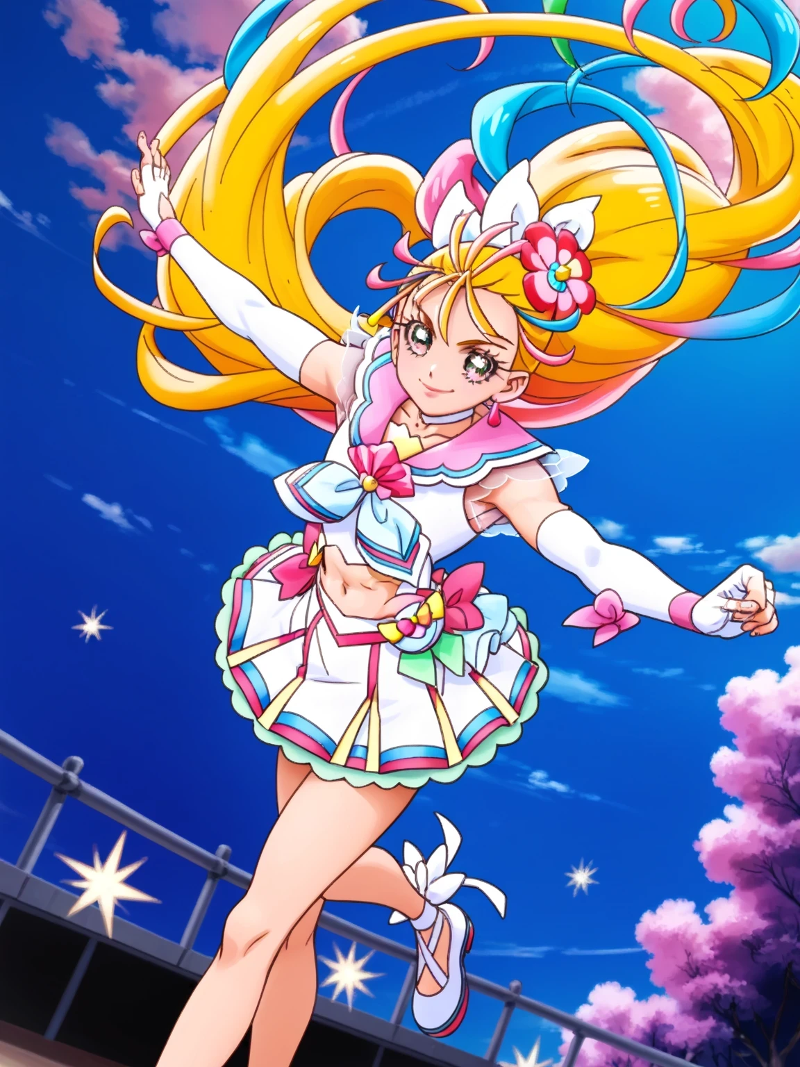 score 9 , score 8 up, score 7 up, source anime, masterpiece, Best quality, Best resolution, best image quality, anime coloring, anime screenshot, anime screencap, 1boy, cure summer is a boy, (male:1.5), long haired anime boy, 美しい天の魔道士, flower, jewelry, hair ornament, sea warrior, sunshine aura, heavenly aura, sea aura, solo, long blonde haired boy, high ponytail hair, multicolored hair, two tone hair, streaked hair, gradient hair, pink hair, eyelashes, thick eyebrows, hair flip, zodiac boy knight, flower hair ornament, sparking magical boy, royal elegant pose, anime boy is wearing a white crop top dress, anime boy is wearing a Belly button outfit, anime prince, white arm warmers, white gloves, white sandals, white detached sleeves, elbow gloves, white choker, fingerless gloves, sailor collar with an pink, neckerchief with an pink, lips, triangle earrings, white mini skirt, 彼の周りの魔法のオーラ, green frills under white mini skirt, Portrait of a Zodiac boy Knight, boyish taste, cure summer outfit, 魔法の光沢のある肌, tom boy style, a cheerful smile, slender body, day time!!,  male focus, looking at viewer, solo focus, cowboy shot, bare shoulders, bare arms, bare legs,midriff, navel, abs, covered pectoralis major, stomach, biceps, biceps long head, biceps short head, triceps, deltoids, thigh muscles, hamstrings, adductor magnus muscles,(manly:1.5), (male body:1.5), (manly face:1.5),