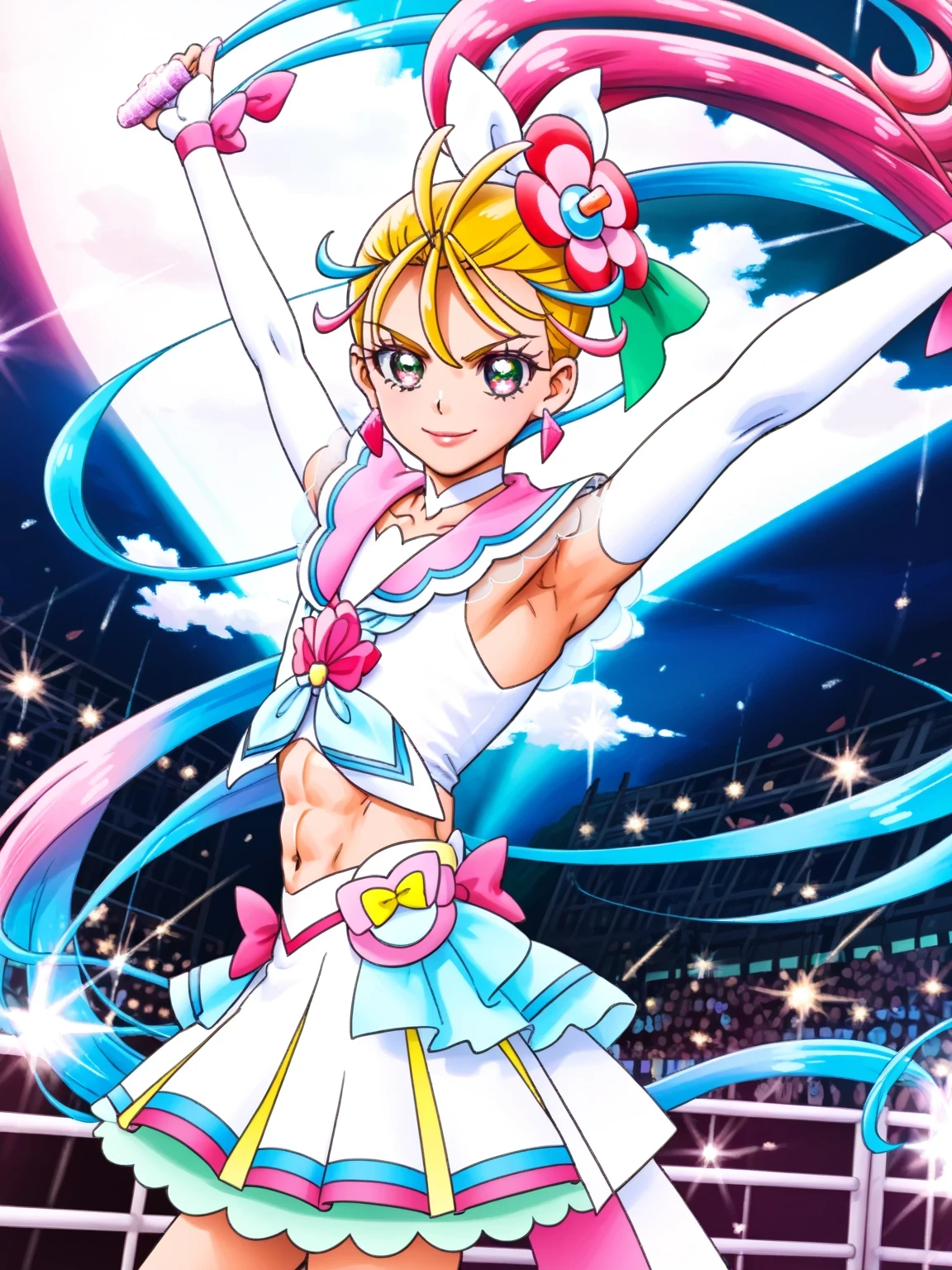 score 9 , score 8 up, score 7 up, source anime, masterpiece, Best quality, Best resolution, best image quality, anime coloring, anime screenshot, anime screencap, 1boy, cure summer is a boy, (male:1.5), long haired anime boy, 美しい天の魔道士, flower, jewelry, hair ornament, sea warrior, sunshine aura, heavenly aura, sea aura, solo, long blonde haired boy, high ponytail hair, multicolored hair, two tone hair, streaked hair, gradient hair, pink hair, eyelashes, thick eyebrows, hair flip, zodiac boy knight, flower hair ornament, sparking magical boy, royal elegant pose, anime boy is wearing a white crop top dress, anime boy is wearing a Belly button outfit, anime prince, white arm warmers, white gloves, white sandals, white detached sleeves, elbow gloves, white choker, fingerless gloves, sailor collar with an pink, neckerchief with an pink, lips, triangle earrings, white mini skirt, 彼の周りの魔法のオーラ, green frills under white mini skirt, Portrait of a Zodiac boy Knight, boyish taste, cure summer outfit, 魔法の光沢のある肌, tom boy style, a cheerful smile, slender body, day time!!,  male focus, looking at viewer, solo focus, cowboy shot, bare shoulders, bare arms, bare legs,midriff, navel, abs, covered pectoralis major, stomach, biceps, biceps long head, biceps short head, triceps, deltoids, thigh muscles, hamstrings, adductor magnus muscles,(manly:1.5), (male body:1.5), (manly face:1.5),