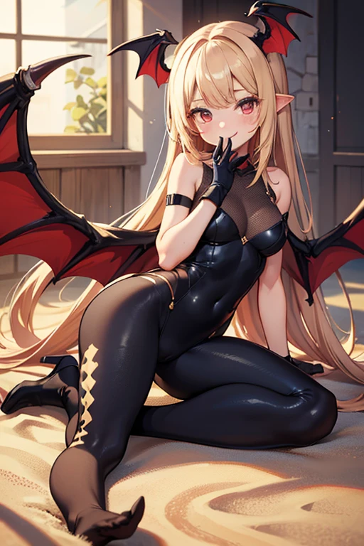 21 years old, dejected, inconvenienced, Solo girl, all alone, Young woman, lying down in her bed, Reaper girl, young demon girl, small girl, skinny girl, very long blonde twintails, red eyes, tight black crop top latex swimsuit, black pantyhose, tiny demon wings, long black cape, demon horns, arms behind the back, straight elbow, black latex armbinder, both arms in the same black latex sleeve, singleglove, monosleeve, covered in a sweaty mess, huge orgasm, losing control, quivering, view from the back, tight leather belts wrapped arround her chest, tight leather belts wrapped around her legs, perfect hips, perfect round butt, black leatehr belt harness wrapping around her body