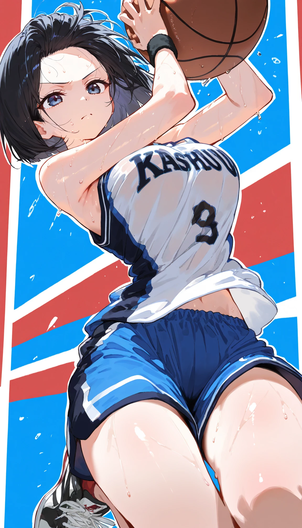 Highest quality)), ((masterpiece)), (detailed), One girl, basketball、((shoot、ダンクshoot))、(One-handed dunk)、Slam Dunk、Black Hair、Shortcuts、basketballコート、gym、Uplifting、((Japanese、high school girl))Slam the ball into the goal、Sweat、飛び散るSweat、Wet、Super Jump、【【Jumping pretty high】】、((片手でbasketballを持っている))、Angle from below、uniform、かなりHigh jumps、fly、jump、Directly below、High jumps